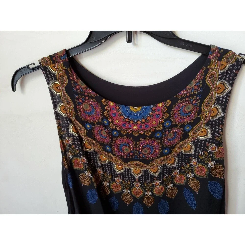 Desigual Womens Sleeveless viscose vented Tunic Top L Black & Gold Print